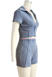 Casual Solid Color Patchwork V Neck Short Sleeve Two Pieces