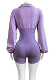 Casual Solid Color Patchwork V Neck Skinny Rompers