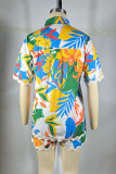 Casual Print Buckle Patchwork Turndown Collar Half Sleeve Two Pieces