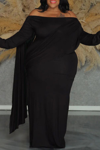 Casual Solid Color Ruched Patchwork Off Shoulder Long Plus Size Dresses