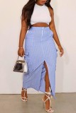 Casual Striped Print Slit Bodycon High Waist Conventional Full Print Skirts