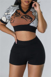 Casual Patchwork Basic Turndown Collar Short Sleeve Two Pieces