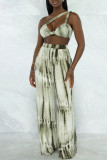 Sexy Casual Tie Dye Print Backless Oblique Collar Sleeveless Two Pieces
