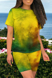 Casual Daily Gradient Print Contrast O Neck Short Sleeve Two Pieces