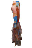 Sexy Print Patchwork Ruffle Hem Skinny High Waist Speaker Full Print Bottoms