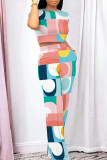 Casual Daily Geometric Print Pocket Contrast O Neck Short Sleeve Two Pieces