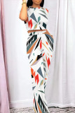 Casual Daily Geometric Print Pocket Contrast O Neck Short Sleeve Two Pieces