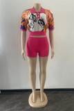 Casual Patchwork Basic Turndown Collar Short Sleeve Two Pieces