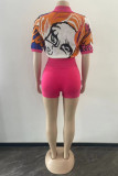 Casual Patchwork Basic Turndown Collar Short Sleeve Two Pieces