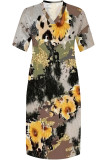 Casual Daily Leopard Print Plants Print Pocket Contrast V Neck Printed Plus Size Dresses