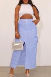 Casual Striped Print Slit Bodycon High Waist Conventional Full Print Skirts