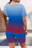 Casual Daily Gradient Print Contrast O Neck Short Sleeve Two Pieces