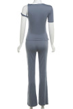 Casual Solid Color Patchwork Oblique Collar Short Sleeve Two Pieces