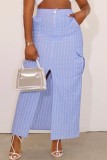 Casual Striped Print Slit Bodycon High Waist Conventional Full Print Skirts