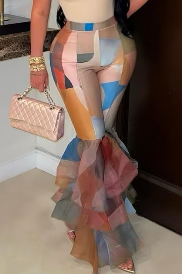Sexy Print Patchwork Ruffle Hem Skinny High Waist Speaker Full Print Bottoms