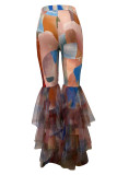 Sexy Print Patchwork Ruffle Hem Skinny High Waist Speaker Full Print Bottoms