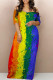 Casual The stars Ombre Rainbow Contrast Off Shoulder Printed Dresses