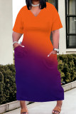 Casual Gradient Color Pocket Patchwork V Neck Straight Plus Size Dresses