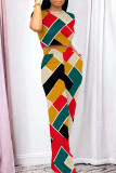 Casual Daily Geometric Print Pocket Contrast O Neck Short Sleeve Two Pieces