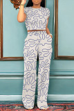 Casual Daily Geometric Print Graffiti Print Pocket Contrast O Neck Short Sleeve Two Pieces