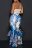 Street Print Patchwork Ruffle Hem Boot Cut Mid Waist Speaker Full Print Bottoms