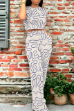 Casual Daily Geometric Print Graffiti Print Pocket Contrast O Neck Short Sleeve Two Pieces