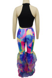 Street Print Patchwork Ruffle Hem Boot Cut Mid Waist Speaker Full Print Bottoms