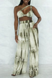 Sexy Casual Tie Dye Print Backless Oblique Collar Sleeveless Two Pieces