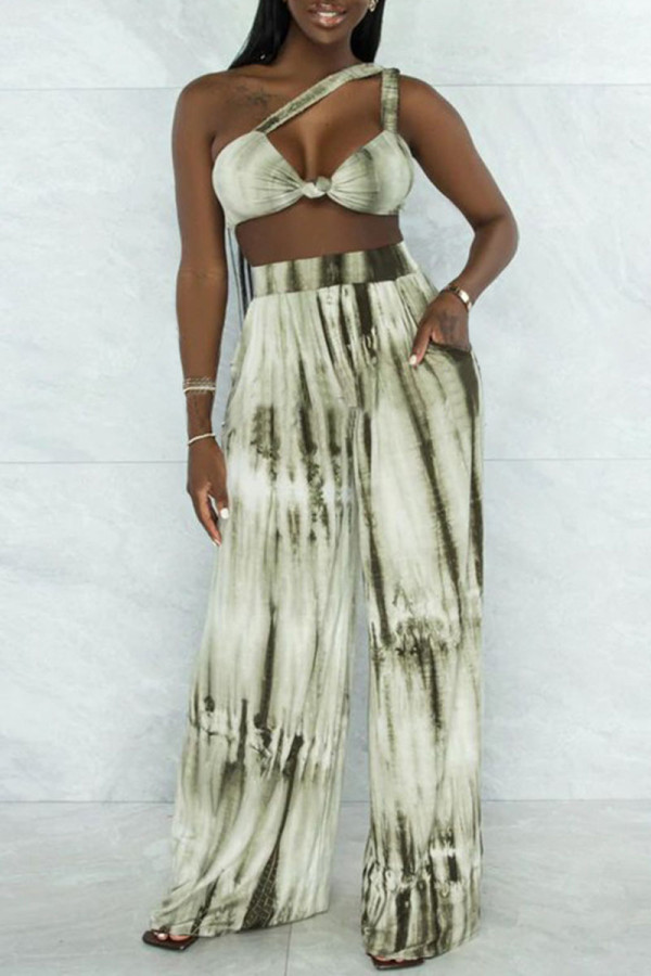 Sexy Casual Tie Dye Print Backless Oblique Collar Sleeveless Two Pieces
