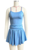 Sexy Solid Color Ruched Patchwork Spaghetti Strap Sleeveless Two Pieces