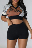 Casual Patchwork Basic Turndown Collar Short Sleeve Two Pieces