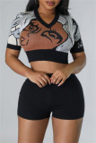 Casual Patchwork Basic Turndown Collar Short Sleeve Two Pieces