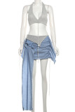 Sexy Buttons Patchwork U Neck Sleeveless Two Pieces
