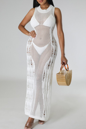 Street Solid Color Ripped See-Through Patchwork O Neck Long Dresses