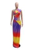 Sexy Print Hollow Out Backless Slit Irregular Oblique Collar Long Dresses