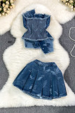 Sexy Print Buckle Pleated Patchwork Strapless Sleeveless Two Pieces