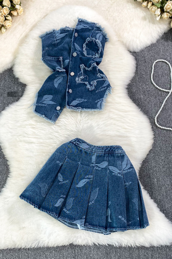 Sexy Print Buckle Pleated Patchwork Strapless Sleeveless Two Pieces