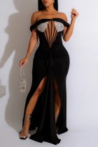 Sexy Formal Prom Patchwork Backless Slit Off Shoulder Evening Dresses