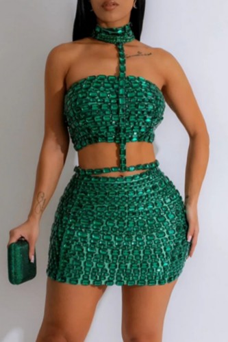 Sexy Hot Solid Color Backless Rhinestone Decor Patchwork Halter Sleeveless Two Pieces