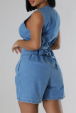 Street Solid Color Pocket Buckle Buttons Zipper Patchwork V Neck Sleeveless Two Pieces