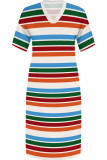 Casual Striped Print Pocket Patchwork V Neck Straight Plus Size Dresses
