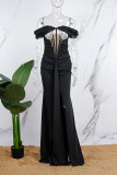 Sexy Formal Prom Patchwork Backless Slit Off Shoulder Evening Dresses