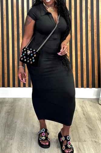 Casual Solid Color Basic Turndown Collar Short Sleeve Plus Size Dresses