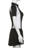 Sexy Buckle Ruched Patchwork Mandarin Collar A Line Dresses