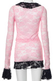 Sexy Lace Hollow Out Strap Design Patchwork Cardigan Collar Long Sleeve Two Pieces