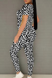 Casual Geometric Print Patchwork O Neck Short Sleeve Two Pieces