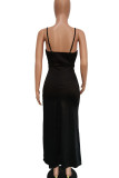 Celebrities Solid Color Backless High Slit Patchwork Spaghetti Strap Sling Dresses