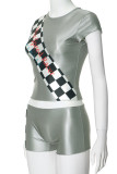 Casual Print Patchwork O Neck Short Sleeve Two Pieces