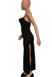 Celebrities Solid Color Backless High Slit Patchwork Spaghetti Strap Sling Dresses