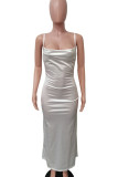 Celebrities Solid Color Backless High Slit Patchwork Spaghetti Strap Sling Dresses